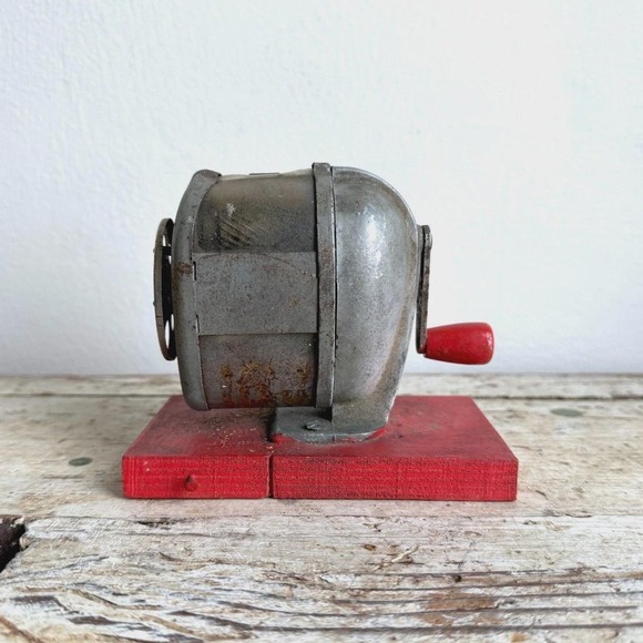 Other - Vintage Pencil Sharpener on Wooden Base Metal Red Manual Desk Accessory